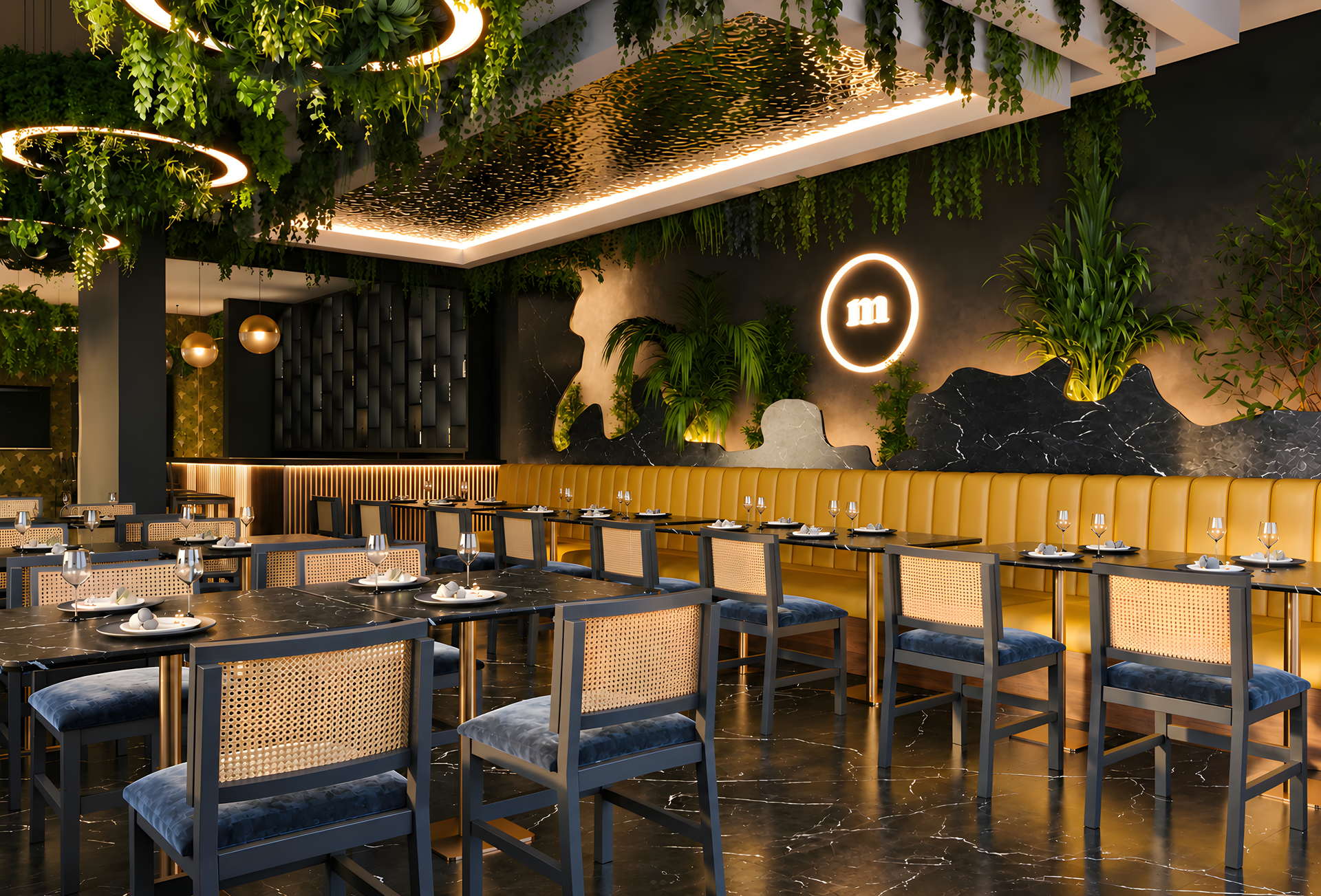 The drawing of a restaurant before it was built: hanging foliage, a lit monogram on a rock-cut wall, a mustard banquette and a black stone floor.