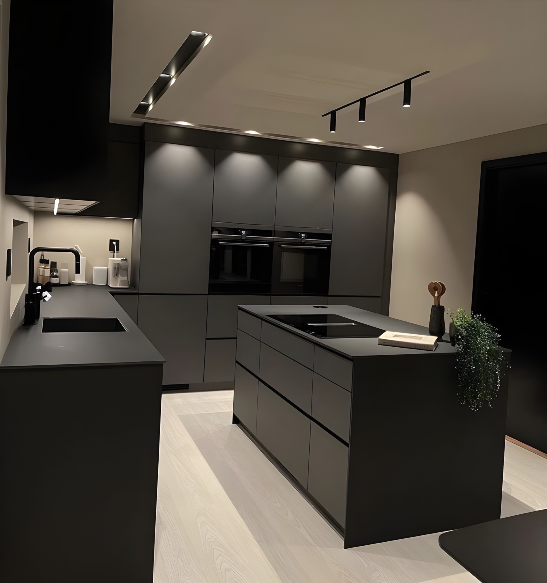 A matte black handleless kitchen with an island, under track lighting, on a pale timber floor.