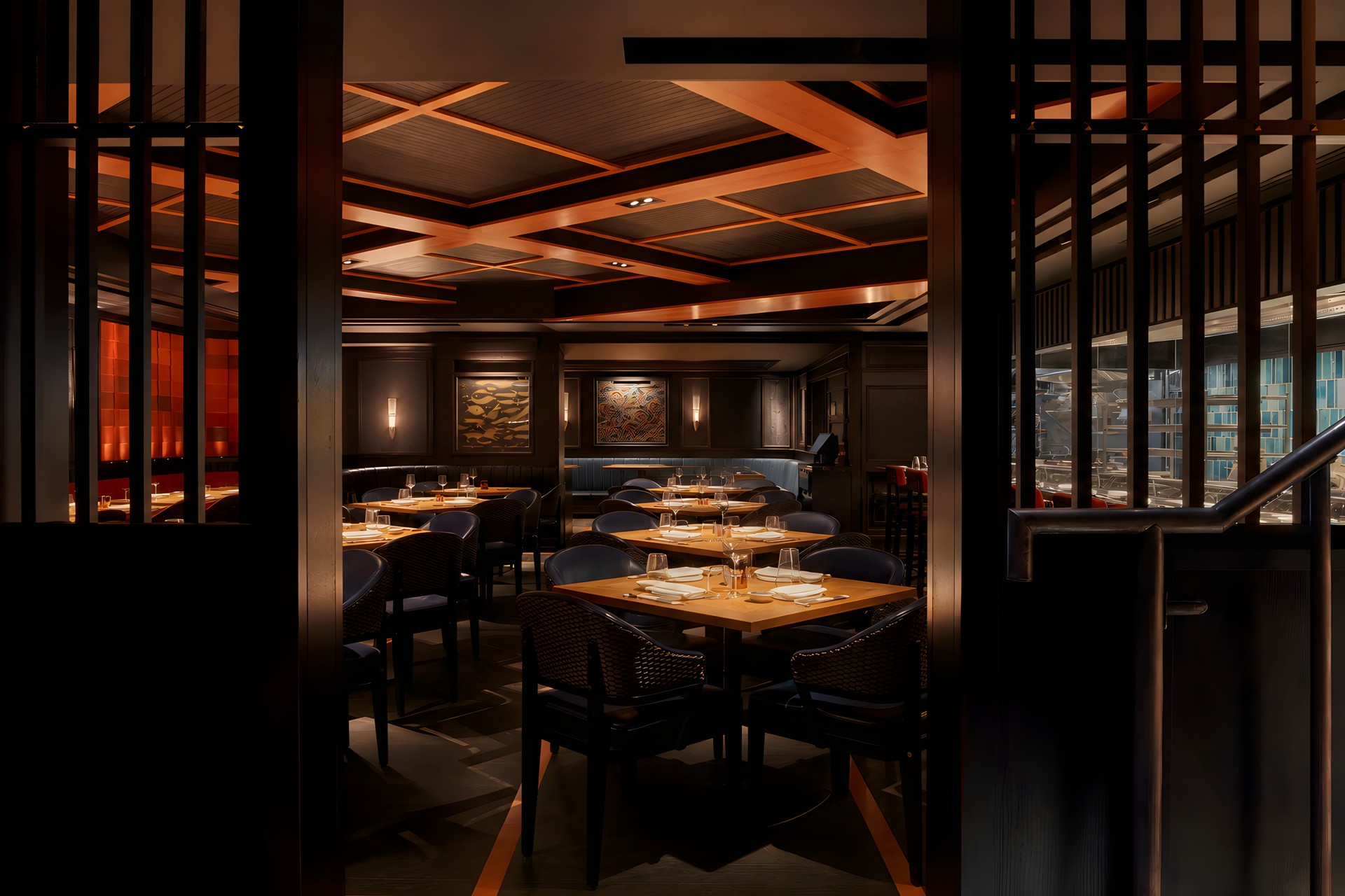 A dining room seen through slatted timber screens: a coffered timber ceiling, warm low light, dark chairs at oak tables.