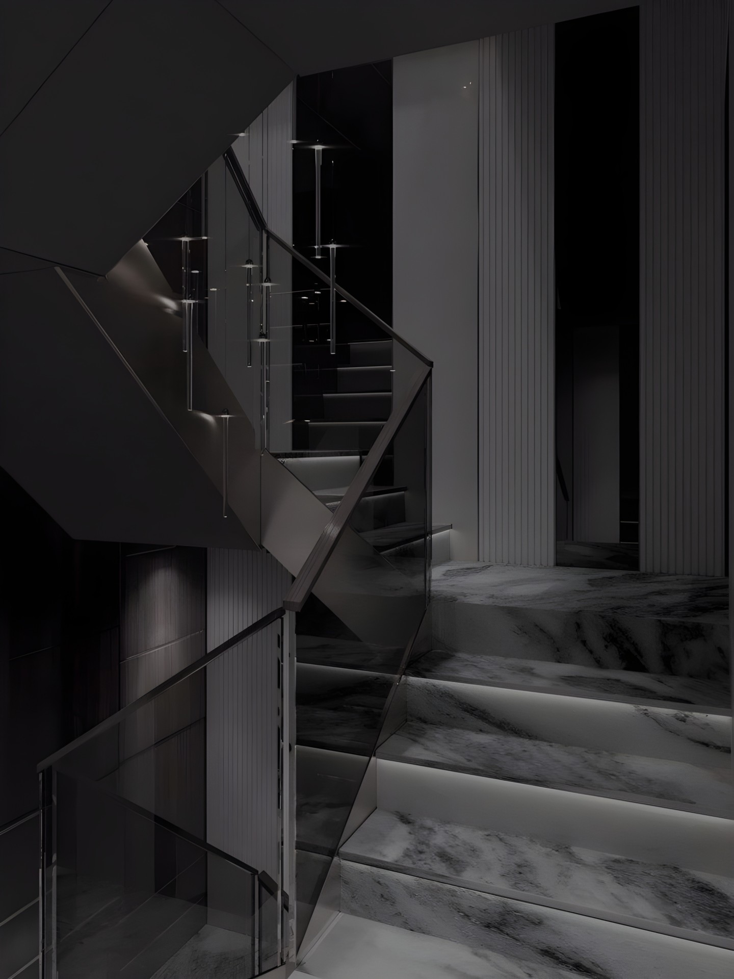 A black marble staircase with a glass balustrade, photographed in monochrome.