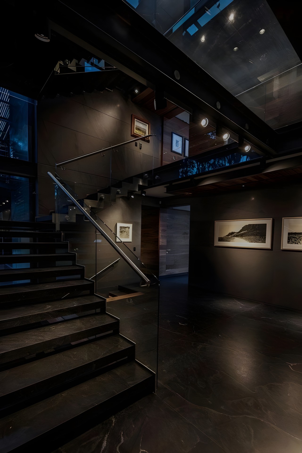 A dark stairwell with black stone steps, a glass balustrade and framed pictures hung along the wall.